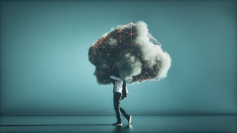 A young person in a business outfit who has his head stuck in a cloud depicted as a networked cloud